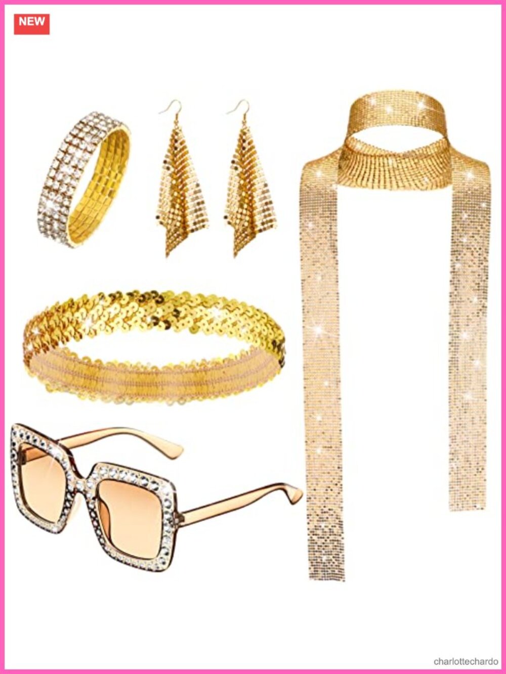 70s Disco Costume Accessory Set Glitter Scarf Headband Sunglasses Earrings